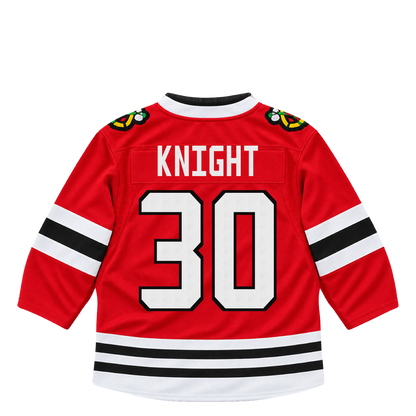 Chicago Blackhawks jersey keychain — Spencer Knight #30. Exact saved player artwork preview.