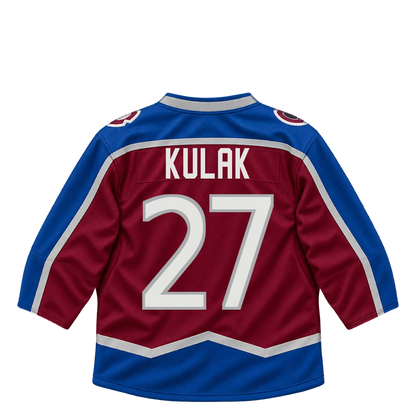 Colorado Avalanche jersey keychain — Brett Kulak #27. Exact saved player artwork preview.
