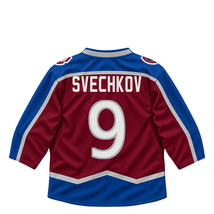 Colorado Avalanche jersey keychain — Fedor Svechkov #9. Exact saved player artwork preview.