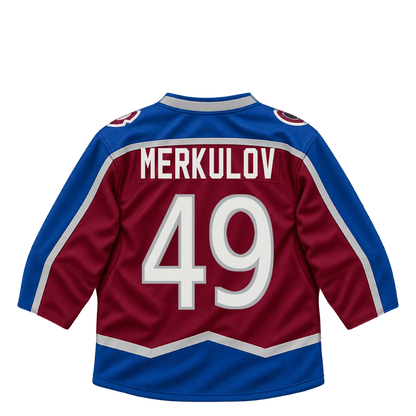 Colorado Avalanche jersey keychain — Georgii Merkulov #49. Exact saved player artwork preview.