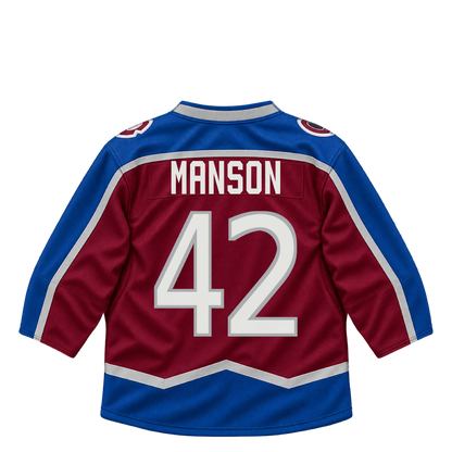 Colorado Avalanche jersey keychain — Josh Manson #42. Exact saved player artwork preview.