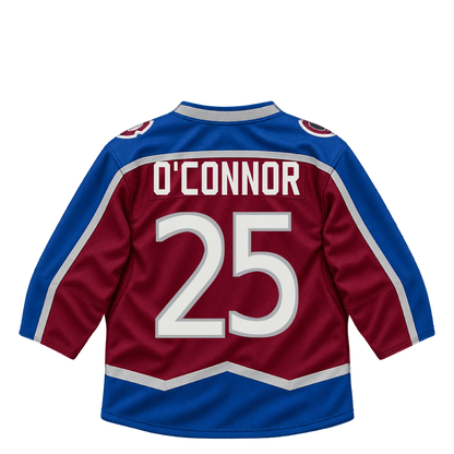 Colorado Avalanche jersey keychain — Logan O'Connor #25. Exact saved player artwork preview.