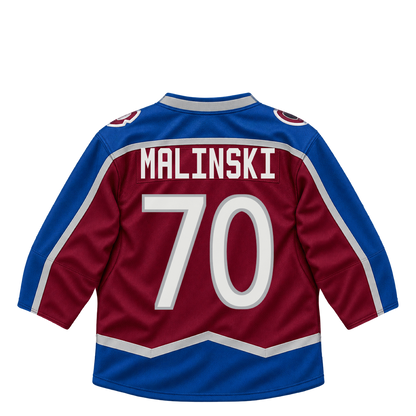 Colorado Avalanche jersey keychain — Sam Malinski #70. Exact saved player artwork preview.