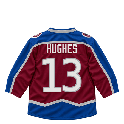 Colorado Avalanche jersey keychain — T.J. Hughes #13. Exact saved player artwork preview.