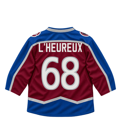 Colorado Avalanche jersey keychain — Zachary L'Heureux #68. Exact saved player artwork preview.
