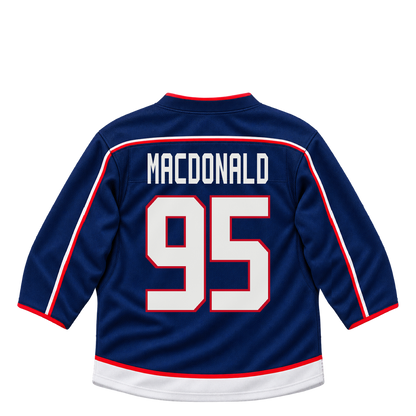 Columbus Blue Jackets jersey keychain — Caleb MacDonald #95. Exact saved player artwork preview.