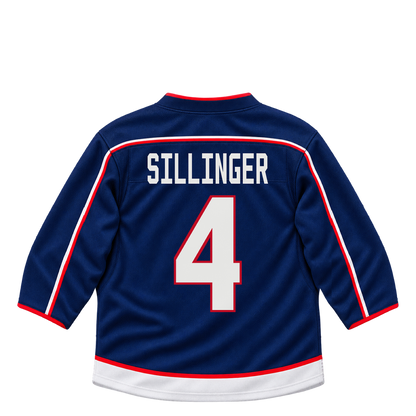 Columbus Blue Jackets jersey keychain — Cole Sillinger #4. Exact saved player artwork preview.