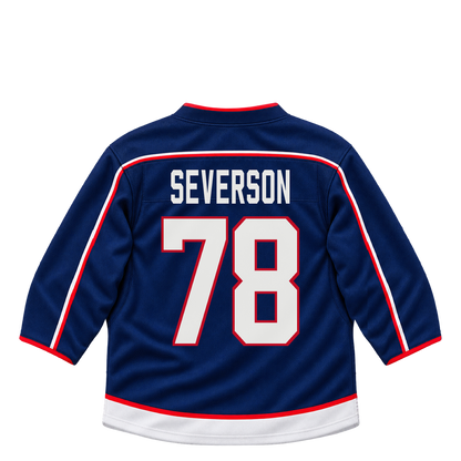 Columbus Blue Jackets jersey keychain — Damon Severson #78. Exact saved player artwork preview.