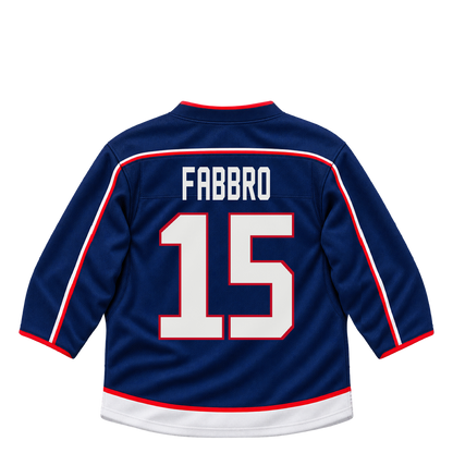 Columbus Blue Jackets jersey keychain — Dante Fabbro #15. Exact saved player artwork preview.