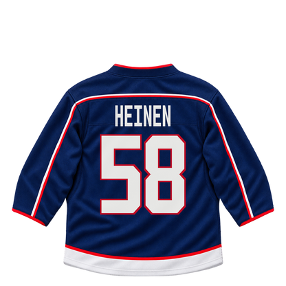 Columbus Blue Jackets jersey keychain — Danton Heinen #58. Exact saved player artwork preview.