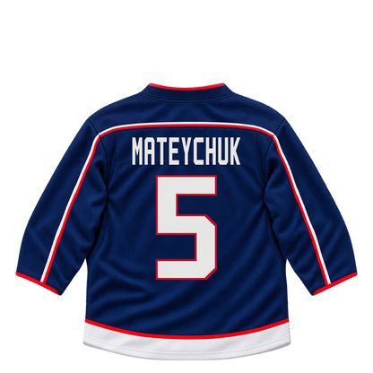 Columbus Blue Jackets jersey keychain — Denton Mateychuk #5. Exact saved player artwork preview.
