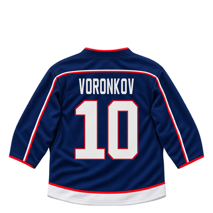 Columbus Blue Jackets jersey keychain — Dmitri Voronkov #10. Exact saved player artwork preview.