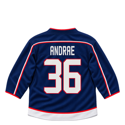 Columbus Blue Jackets jersey keychain — Emil Andrae #36. Exact saved player artwork preview.
