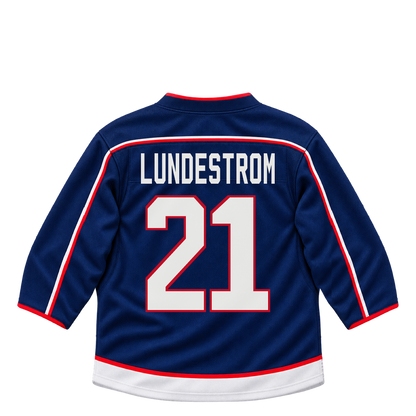 Columbus Blue Jackets jersey keychain — Isac Lundestrom #21. Exact saved player artwork preview.