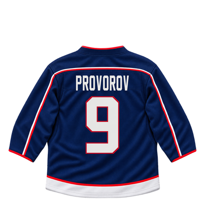 Columbus Blue Jackets jersey keychain — Ivan Provorov #9. Exact saved player artwork preview.