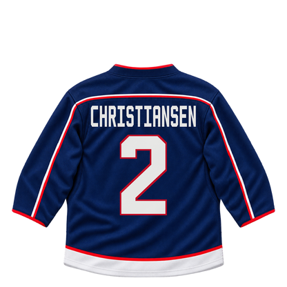 Columbus Blue Jackets jersey keychain — Jake Christiansen #2. Exact saved player artwork preview.