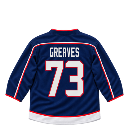 Columbus Blue Jackets jersey keychain — Jet Greaves #73. Exact saved player artwork preview.