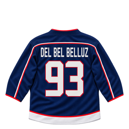 Columbus Blue Jackets jersey keychain — Luca Del Bel Belluz #93. Exact saved player artwork preview.