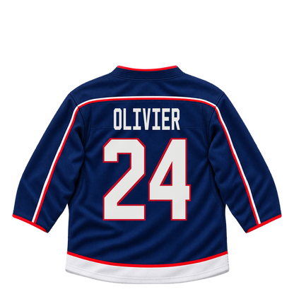 Columbus Blue Jackets jersey keychain — Mathieu Olivier #24. Exact saved player artwork preview.
