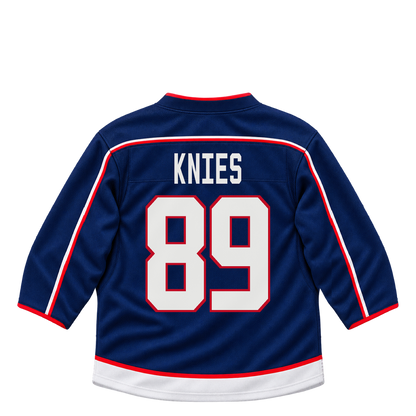 Columbus Blue Jackets jersey keychain — Matthew Knies #89. Exact saved player artwork preview.