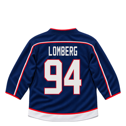 Columbus Blue Jackets jersey keychain — Ryan Lomberg #94. Exact saved player artwork preview.