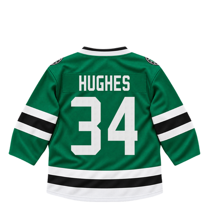 Dallas Stars jersey keychain — Cameron Hughes #34. Exact saved player artwork preview.