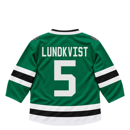 Dallas Stars jersey keychain — Nils Lundkvist #5. Exact saved player artwork preview.