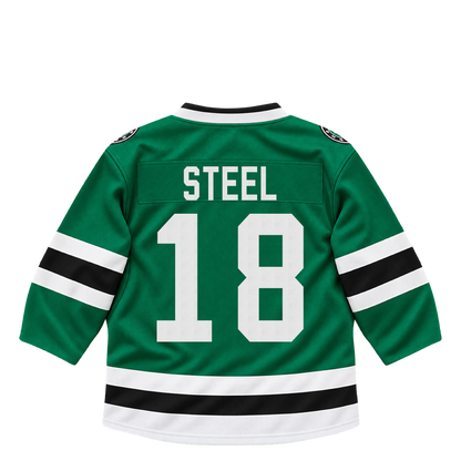 Dallas Stars jersey keychain — Sam Steel #18. Exact saved player artwork preview.