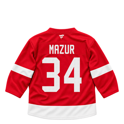 Detroit Red Wings jersey keychain — Carter Mazur #34. Exact saved player artwork preview.