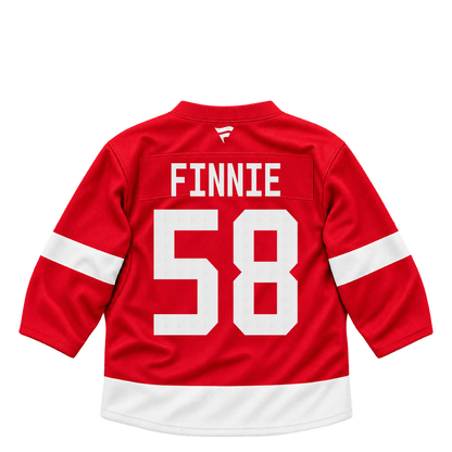 Detroit Red Wings jersey keychain — Emmitt Finnie #58. Exact saved player artwork preview.