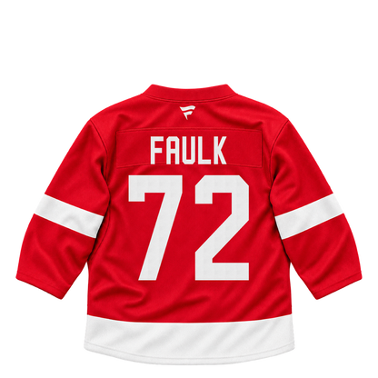 Detroit Red Wings jersey keychain — Justin Faulk #72. Exact saved player artwork preview.