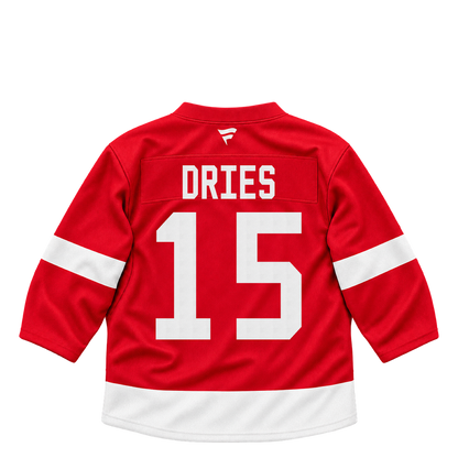 Detroit Red Wings jersey keychain — Sheldon Dries #15. Exact saved player artwork preview.