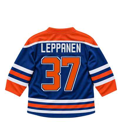 Edmonton Oilers jersey keychain — Atro Leppanen #37. Exact saved player artwork preview.