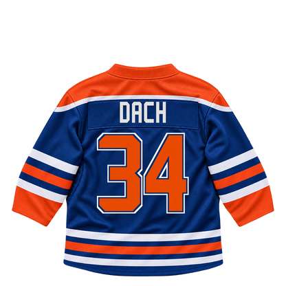 Edmonton Oilers jersey keychain — Colton Dach #34. Exact saved player artwork preview.