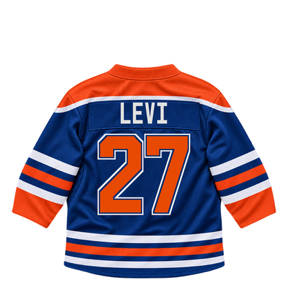 Edmonton Oilers jersey keychain — Devon Levi #27. Exact saved player artwork preview.