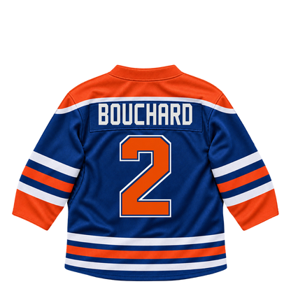 Edmonton Oilers jersey keychain — Evan Bouchard #2. Exact saved player artwork preview.