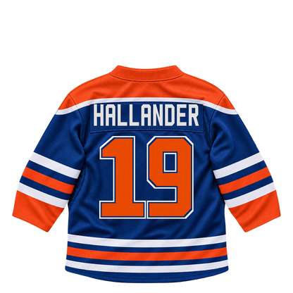 Edmonton Oilers jersey keychain — Filip Hallander #19. Exact saved player artwork preview.