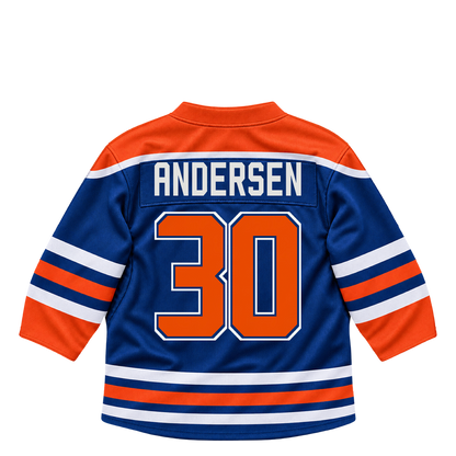 Edmonton Oilers jersey keychain — Frederik Andersen #30. Exact saved player artwork preview.