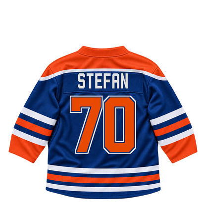 Edmonton Oilers jersey keychain — James Stefan #70. Exact saved player artwork preview.