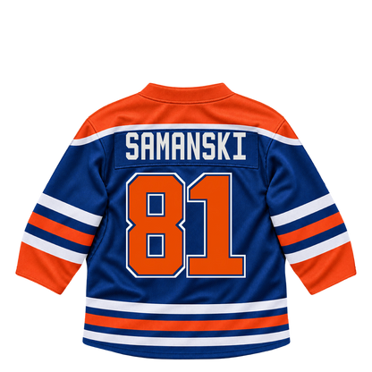 Edmonton Oilers jersey keychain — Josh Samanski #81. Exact saved player artwork preview.