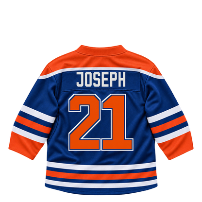 Edmonton Oilers jersey keychain — Mathieu Joseph #21. Exact saved player artwork preview.