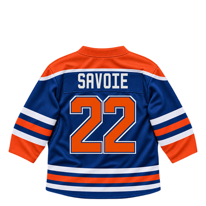 Edmonton Oilers jersey keychain — Matt Savoie #22. Exact saved player artwork preview.