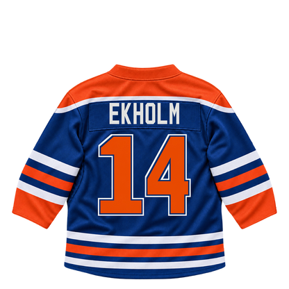 Edmonton Oilers jersey keychain — Mattias Ekholm #14. Exact saved player artwork preview.