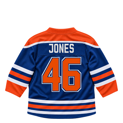 Edmonton Oilers jersey keychain — Max Jones #46. Exact saved player artwork preview.