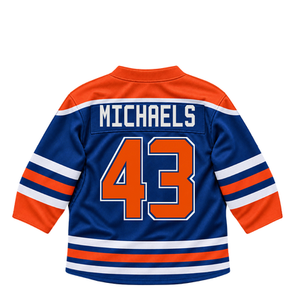 Edmonton Oilers jersey keychain — Owen Michaels #43. Exact saved player artwork preview.
