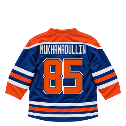 Edmonton Oilers jersey keychain — Shakir Mukhamadullin #85. Exact saved player artwork preview.