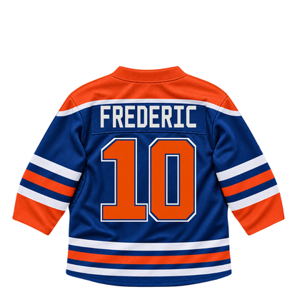 Edmonton Oilers jersey keychain — Trent Frederic #10. Exact saved player artwork preview.
