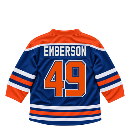 Edmonton Oilers jersey keychain — Ty Emberson #49. Exact saved player artwork preview.