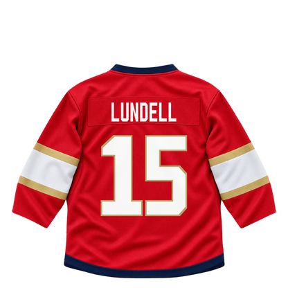 Florida Panthers jersey keychain — Anton Lundell #15. Exact saved player artwork preview.