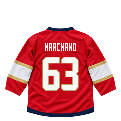 Florida Panthers jersey keychain — Brad Marchand #63. Exact saved player artwork preview.